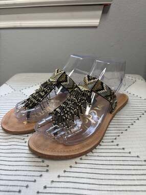 Sam Edelman Womens 6 Anella Beaded Fringe Flat Leather Sandals